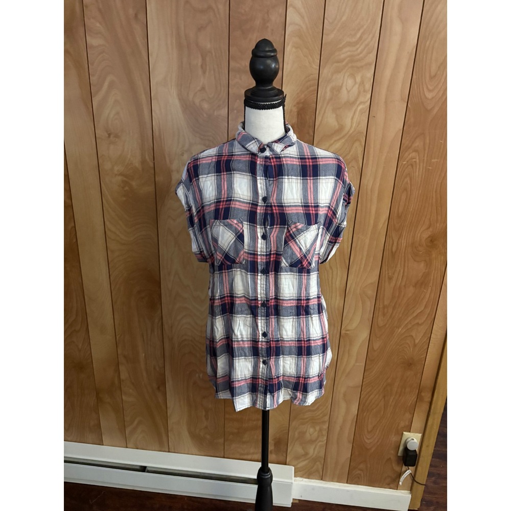 Beachlunchlounge Womens Small Plaid Sleeveless Button Down Rayon Shirt Navy Pink